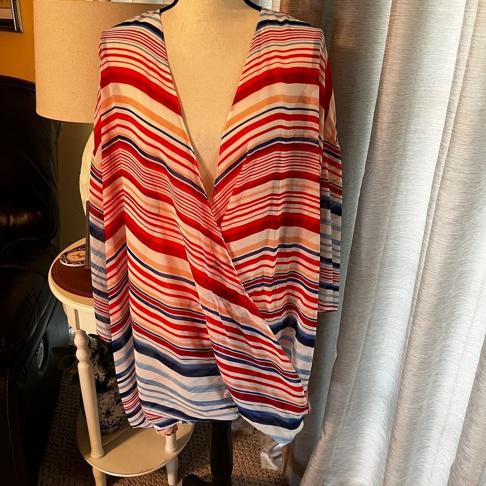 Sunny Leigh Woman crossover sheer striped red white blue blouse size 3X